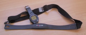 A typical heart rate monitor which has a watch and a strap which carries the HR monitor itself